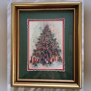 Vtg Hand Painted & Signed Christmas Tree Water Color W/ Gold Frame, 11.5"x9"
